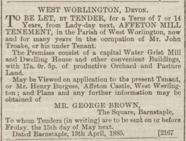 North_Devon_Journal_30_April_1885_Affeton Mill To let Troakes.jpg