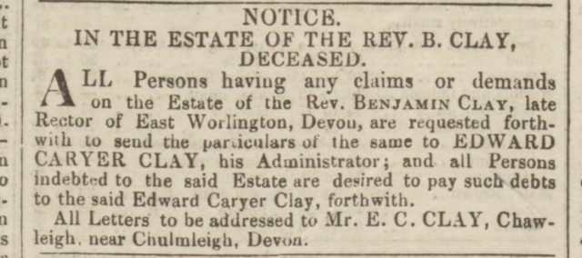 Exeter_and_Plymouth_Gazette_13_March_1852_Claim against estate of Ben Clay.jpeg
