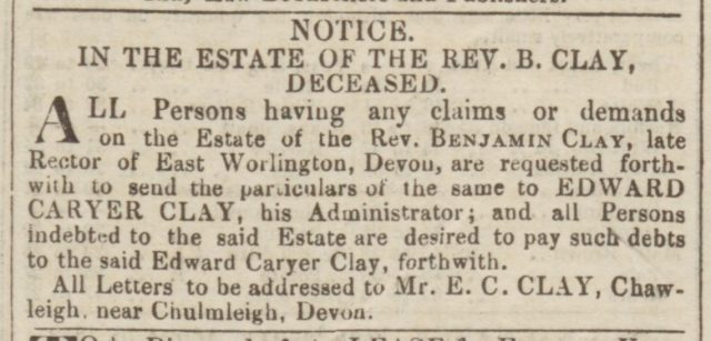Exeter_and_Plymouth_Gazette_13_March_1852_Notice of claims against Clay estate.jpeg