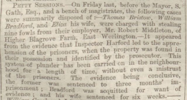 Exeter_and_Plymouth_Gazette_21_February_1857_Theft by Bristow, Bradford and Wife  from R Middleton Higher Blagrove  - Hard Labour.jpg