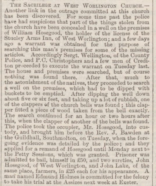 North_Devon_Journal_13_July_1882_Stucley Aarms Police Search Premises for property stolen from the church West Worlington.jpg