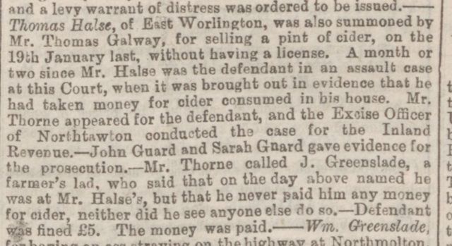 Exeter_and_Plymouth_Gazette_12_May_1876_Thomas Halse  Summond selling Cider without a licence.jpg