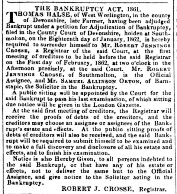 Western_Times_25_January_1862_Thomas Halse late farmer bankrupt.jpg
