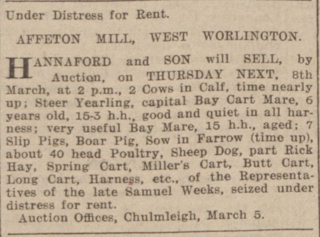 Western Times 06 March 1906 Affeton Mill Weeks Death Sale Distress of Rent.jpg